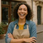 Mujer autónoma sonriente frente a su negocio representando soluciones digitales para autónomos
